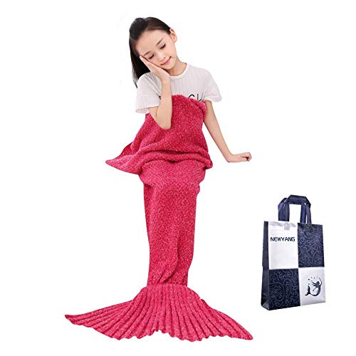 NEWYANG Manta Sirena Todas Las Estaciones de Ganchillo de la Mano de la Cola de Sirena de Punto Manta, Regalos de Las Mejores niñas cumpleaños de Navidad (Kid Thick Red)