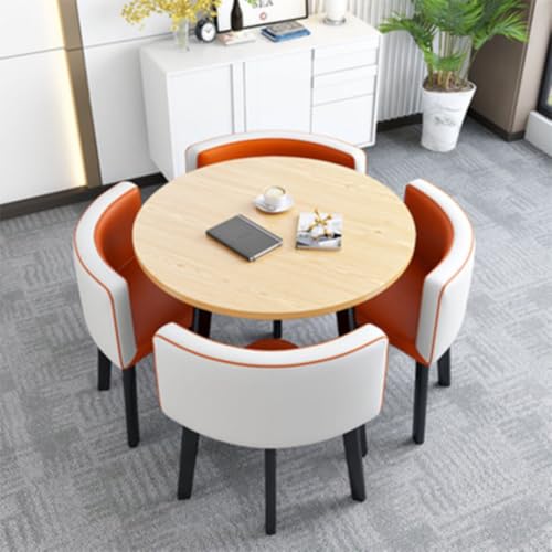 Image of Round Faux Marble Reception Table and Chairs Set, Dining Table Set for 4, Space Saving Reception Desk for Home and Apartment, Office, Conference Room, Lounge