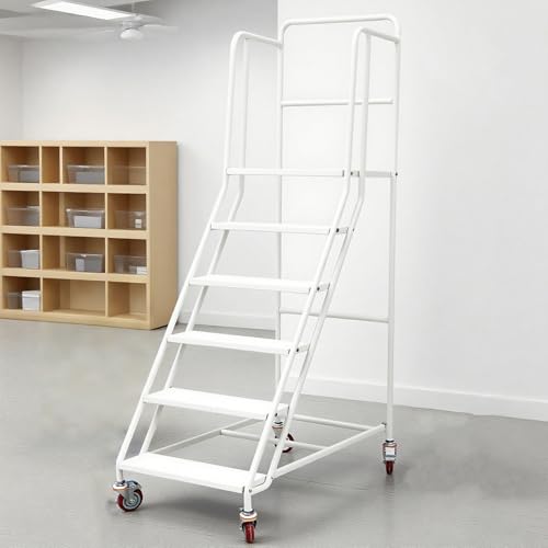 Image of 6 Step Rolling Ladder - Mobile Rolling Stairs with Wheels, Heavy Duty Industrial Safety Non-Slip Metal Rolling Ladders, 880lbs Capacity, for Warehouse, Garage, Supermarket