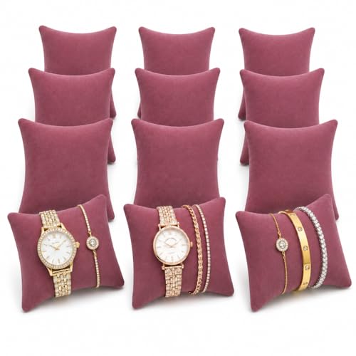 Naavya Velvet Watch & Bracelet Display Pillow Stands, Pack of 12, Dark Pink