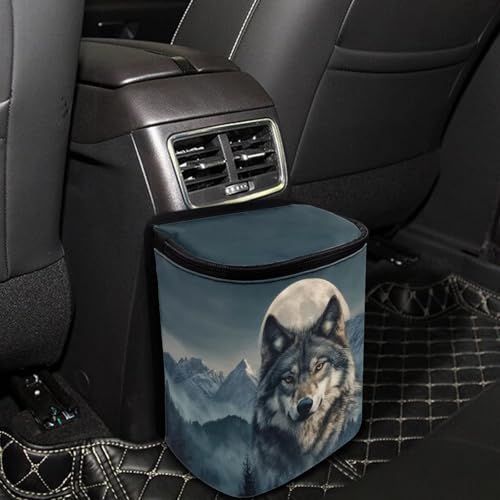 Image of Talayituse Mountain Wolf Moon Print Car Trash Can Portable Auto Garbage Bin Multifunctional Vehicle Interior Accessories with Adjustable Straps Universal Fit Truck SUV Sedan