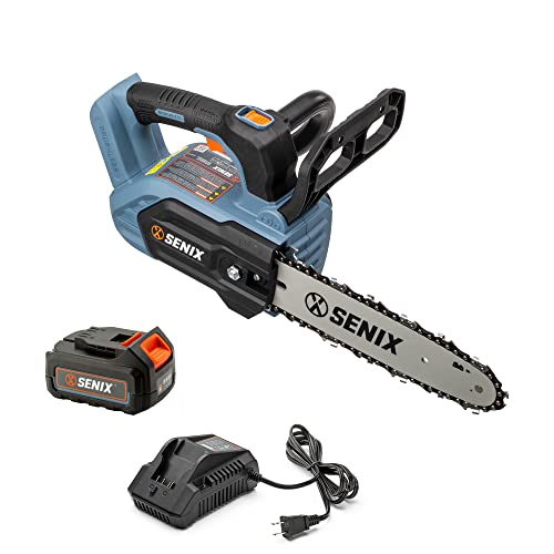 Senix 20 Volt Max* 10-Inch Cordless Brushless Top Handle Chainsaw, Tool-Free Chain Tensioning, Automatic Chain Oiler, 5.0 Ah Lithium Ion Battery And 2A Charger Included, Csx2-M1, Blue #TOP8