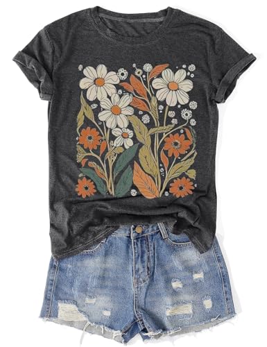 Womens Vintage Flowers T-Shirts Cute Floral Graphic Tees Wildflowers Cottagecore Tshirts Summer Casual Short Sleeve Tops
