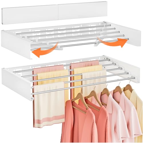 Vasunray Wall Mounted Clothes Drying Rack Folding Indoor, Foldable Laundry Drying Rack Collapsible,Invisible, Space Saving, Retractable Towel Drying Rack, with Wall Template(5 Drying Rods, White 32')