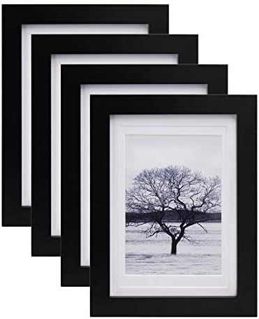 Egofine 5x7 Picture Frames 4 PCS - Made of Solid Wood Covered by Plexiglass Matted for 4x6 and 3.5x5 for Table Top Display and Wall Mounting Photo Frame Black