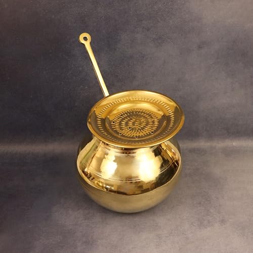 Image of Putrika Traditional Handcrafted Brass Utensil Pongal Pot Set|Pongal Paanai|Cookware|Urli|Heavy Weight with Lid and Ladle|Sankranthi Festival|Inner TIN Coating[Net Weight: 1.16kg](7 inch Set)
