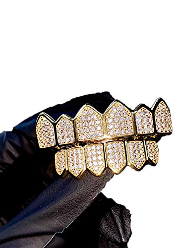 14k Joker Gold Grillz for Mouth Top Bottom Hip Hop Teeth Grills for Mouth Grillz for Mouth Top Bottom Hip Hop 8 Teeth Grills for Teeth Mouth Set - Teeth Cap, Iced Grillz (Gold, Bottom Only)