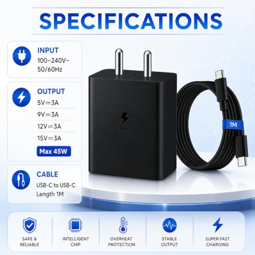 Image of 45W Type-C PD Charger Adapter with 1m USB C Cable Compatible with Galaxy Z Flip 5 & M54|M55|M56|M57|A56|A57|F56|S26|S25 (Ultra, Edge, Plus, FE) & Tab Series 100-240V Fast Charging Travel Adaptor