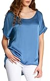 Caspar BLU017 leichte Elegante Damen Seidenglanz Kurzarm Sommer Shirtbluse, Farbe:Jeans blau, Größe:L/XL