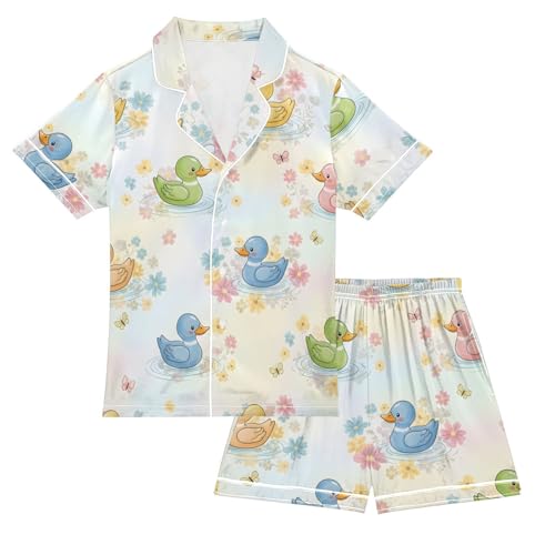 Satin Pajama Sets Short Sleeve Ducks Flowers Butterflies Button Down Silky Nightwear 2 Piece PJS 5-14Y