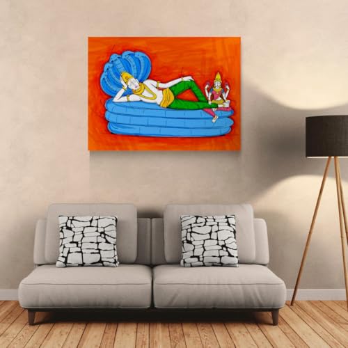 Image of ARTEBELLA Vishnu Reclining on Shesha Naag Canvas Wall Art, Vibrant Orange, Indian Mythological Theme, Home Decor (31.5 in X 42.75 in)