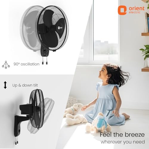 Image of Orient Electric Wall 97 | High Speed Wall Fan for Home | 100% Copper Motor | 90 Degree Oscillation with Tilt Mechanism | 3 Speed Pull Cord | Thermal Overload Protection | Military Grade Guard | Black