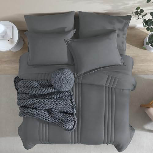 Image of Monbix Super King Plus Size Comforter Set - 7 Pieces Bright Gray Bed in a Bag Super King Plus Bedding Sets with Comforters, All Seasons Comforter Bed Set with Sheets,Pillowcases & Shams
