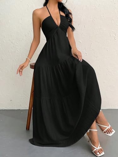 Image of Narecte Women's Maxi Summer Dresses Halter V Neck Beach Dresses for Women A-Line Casual Dress for Vacation