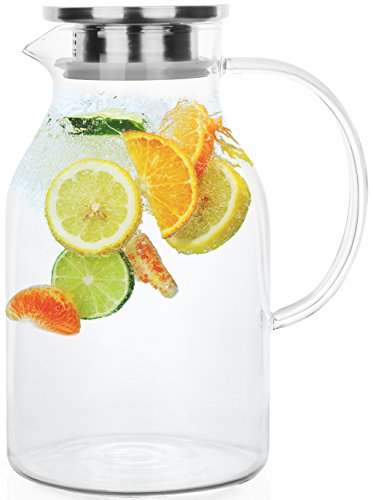 Glass Pitcher With Lid By Golden Spoon: Durable 68oz Glass Carafe With Airtight Cap - MicrowavFreezer Safe Borosilicate Glass For Hot And Cold Liquids - Comes With 2 Stirrers And A Strainer (68 oz)