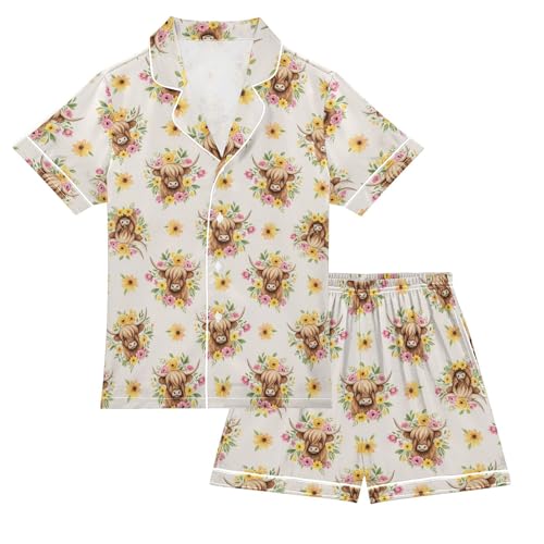 Satin Pajama Sets Short Sleeve Floral Highland Cow Pattern Button Down Silky Nightwear 2 Piece PJS 5-14Y