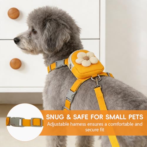 Image of Qpets Cat Harness with Leash, Adjustable Size Floral Flower Pet Belt Mini Zipper Pouch & Cute Yellow Flower Accent, for 4-10kg Small Dogs Cats (Yellow, (M, Chest 26-42cm, Neck 20-32cm)