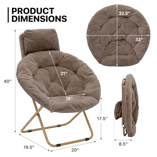MoNiBloom Round Folding Faux Fur Saucer Chair for Bedroom Living Room Dorm Foldable Metal Frame Oversized Large Comfy Soft Lounge Lazy Cozy Moon Chair with Headrest for Adults (Set of 2, Light Brown)