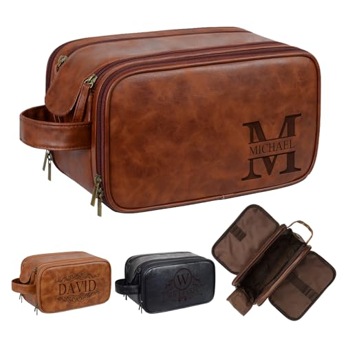 Personalized Leather Toiletry Bag for Men - Double Layer Reinforced Handle,Large Water Resistant Shaving Dopp Kit,Travel Essential,Wedding Groomsmen Gift