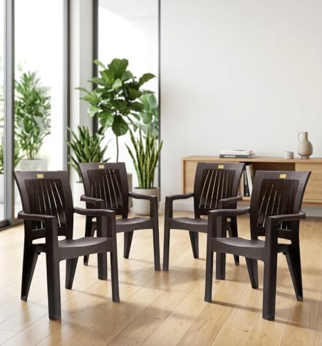 Image of Patiofy Plastic Arm Chair for Living Room, Heavy Duty Plastic Chair for Home and Outdoor, Solid Back Support, Comfortable Seating with Arm Support, 200 Kg Capacity (Rolex Brown- Set of 4)