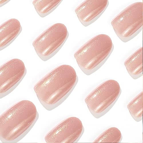 Holographic Nude Press On Nails, Bettycora Short Almond Press Nails 12 Sizes 24 Pcs Fake False Nail Kit With Nail Glue,Glitter Aurora Nails #TOP7