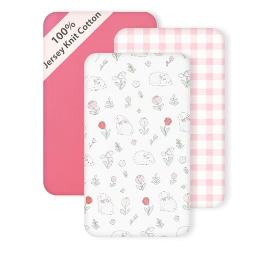 Image of 3 Pack Cotton Bassinet Sheets - 33"x19" for Baby Delight, BabyBond, BCOL, Angelbliss, Maxi-COSI and Most Regular Bedside Sleeper, Ultra Soft & Skin Friendly Bassinet Fitted Sheets, Pink Flower