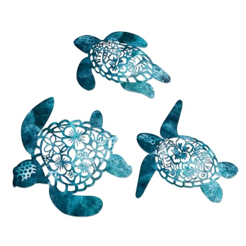 Pigort Metal Turtle Wall Decor - Beach Bathroom Decor -Vintage Coastal Ornaments for Pool, Home, Lake House, Bathroom, Garden – Beach Theme Art Decorations in 3 Sizes (12", 10.2", 9.4") (Deep blue)