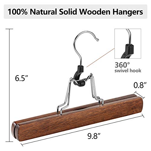 Amkufo 12 Pack Wooden Pants Hangers With Clips Non Slip Skirt Hangers Walnut Trouser Clamp Hanger Solid Wood Hanger With 360° Swivel Hook #TOP2