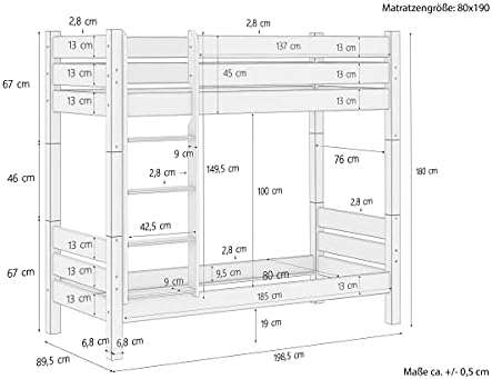 Erst-Holz Letto a Castello in Pino Anche per Adulti 80X190 nicchia 100cm divisibile