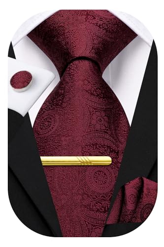 Hi-Tie Krawatten-Set für Herren, Krawatte, Einstecktuch, Hochzeit, formelle Manschettenknöpfe, Krawattenklammer, 4-teiliges Set, 03 - Dunkelrot-Paisleymuster, M