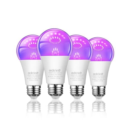 EDISHINE 4 Pack Black Light Bulb, A19 120V 9W UV Blacklight Bulbs, UVA Level 385-400nm & E26 Base, LED Black Light Bulb for Christmas Blacklight Party, Body Paint, Fluorescent Poster, ETL Li