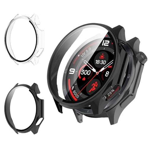 Haofun 2 Pezzi Cover per OnePlus Watch 3 47mm/ OPPO Watch X2, con 9H HD Ultra Vetro Temperato Pellicola Protettiva, PC Protettiva Custodia, Protezione Completa - Trasparente + Nero
