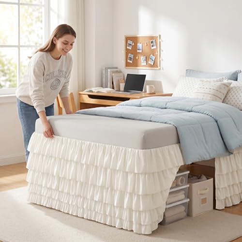 Falda de cama con volantes blanca de 39x80x32 pulgadas para ocultar el desorden del dormitorio 7