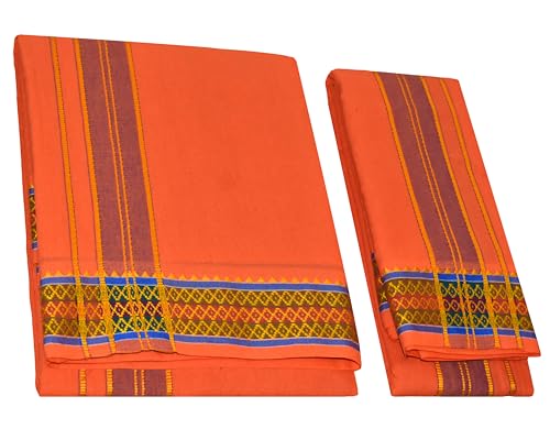 Image of TUNI MANI Men's Panchakacham Dhoti with Angavasthram with Zari Border, Cotton, Size: 9 X 5 (4.0mtr Dhoti, 2.25mtr Towel)