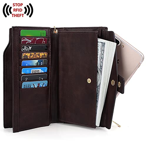 Image of UTO Women's RFID Blocking Large Capacity Vegan Leather Clutch Wallet 21 Card Slots Holder Organizer Ladies Veganrse with Wristlet A Coffee