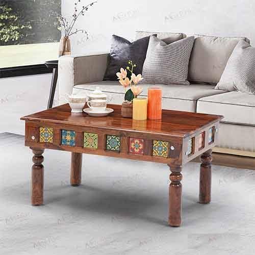 Image of Solid Sheesham Wood Tile Coffee Table Sofa Centre Table Tea Center Table for Living Room Patio Teapoy Table for Home Rosewood