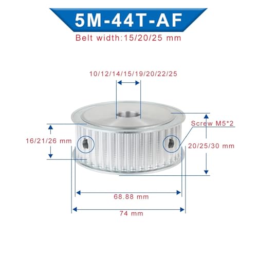 Poulie alu 5M-44T forme AF denture arc alésage 16mm - 2