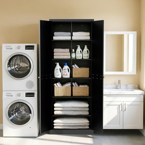 Image of 72 inch H Black Steel Pantry Storage Cabinet with 5 Adjustable Shelves, 6-Tier Tall Metal Cabinets for Kitchen, Living Room, Garage, Heavy Duty Freestanding Utility Cabinet, Assembly Require