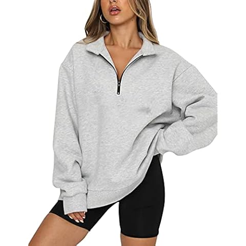 Meladyan Womens Half Zip Sweatshirt Oversized Long Sleeve Collar Drop Shoulder Solid 1/4 Zipper Pullover Jacket, Grey, S Cover