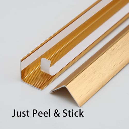 Image of Trimold Brushed Gold Aluminum Peel and Stick L Molding Corner Guards with 90 Angle for Wall Door Frame Cabinet Baseboard Protection and Decoration, 35.4in x 0.8in (3Pcs)