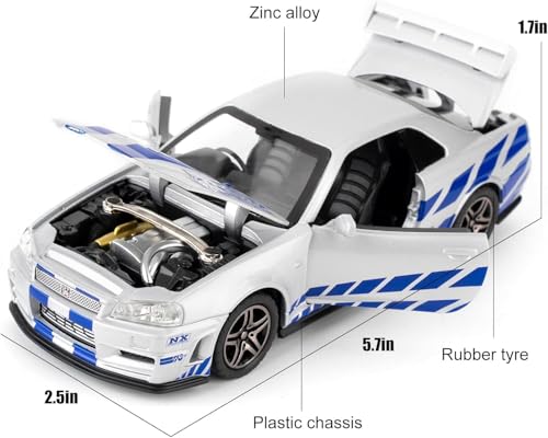Image of 1:32 Nissan GTR R34 Skyline Fast & Furious Sport Metal Model Toy Car Diecast with Openable Doors Light Sound Pull Back Features for Play & Gift or showpiece & Collection. (Silver)
