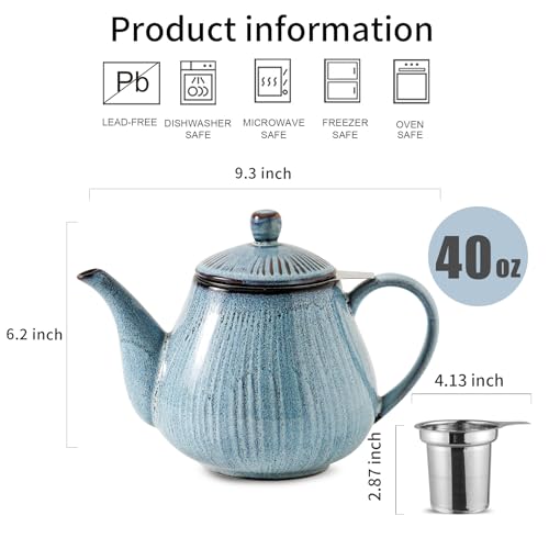 Image of HVH 40 oz Porcelain Teapot with Stainless Steel Infuser, Ceramic Tea pot with Infuser for Loose Tea, Enough For 6 Cups, Striped Series (Wabi sabi)