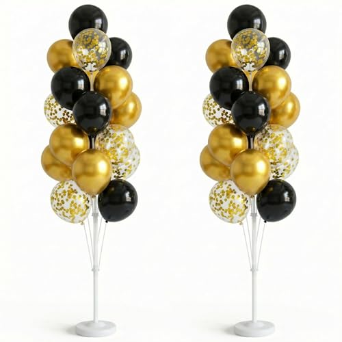 Image of Balloon Column Kit Set of 2 With Confetti Balloons Included - with Base, and Pole,Balloon Tower Backdrop Decoration for Wedding, Baby Shower, Birthday Party, or Bachelorette Parties (Black Gold)
