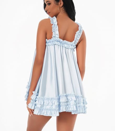 Image of Satini Lingerie Satin Sissy Ruffle Hem Frilly Babydoll Dress Negligee Feminine Cosplay