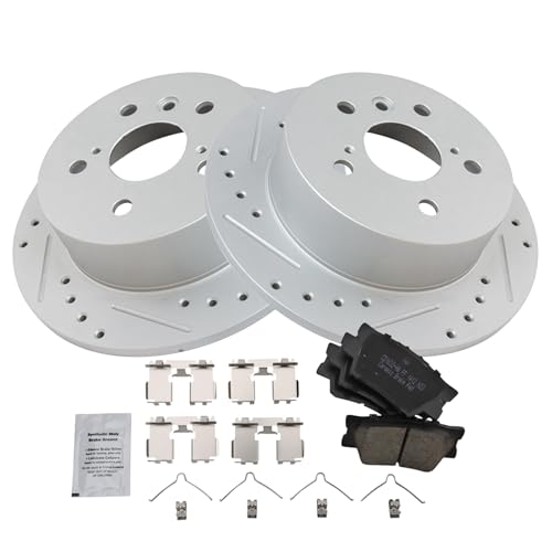 Image of TRQ Performance Rear Brake Pad and Rotor Set Ceramic Coated Drilled Slotted Compatible with 2013-2018 Lexus ES300h ES350 Toyota Avalon 2012-2017 Camry