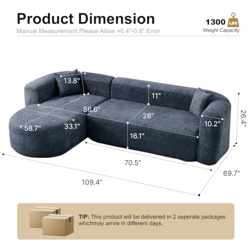 Image of Oversized Sectional Sofa with Chaise with 2 Throw Pillows, 109 inch Modern Luxury Chenille Sofa Extra Deep Seat L-Shape Curved Cloud Couch for Living Room (Left Facing Chaise, Blue)