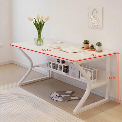 Computer Desk 55.1 Inch with Storage Shelf, Modern Study and Student Desk, Small Gaming PC Writing Table for Bedroom, Apartment, or Home Office, White - Image 3