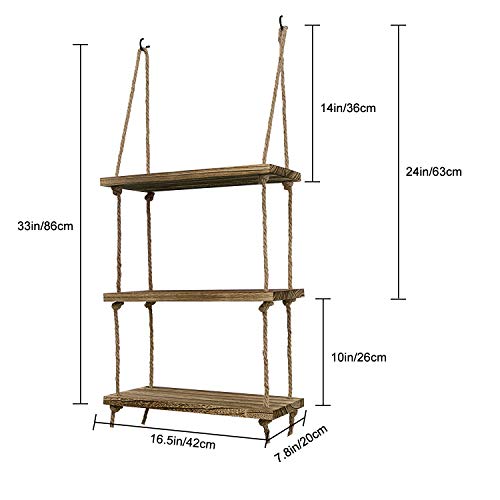 Oyydecor Wall Hanging Shelf, 3 Tier Distressed Wood Swing Storage Shelves Jute Rope Organizer Rack, Rustic Home Wall Decor (Natural)