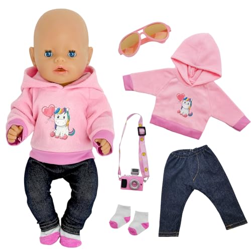 5 Stück Puppenkleidung für 35-43 cm Baby Puppen, Rosa Pony Kleidung Outfits für 14-18 Zoll Baby Puppen Junge und Mädchen, 1 Pony Hoodie 1 Hose 1 Socken 1 Brillen 1 Anhänger Geschenke für Kinder