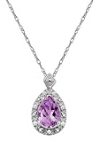 Amazon Collection 10k White Gold, February Birthstone, Amethyst and Diamond Pear Shaped Pendant